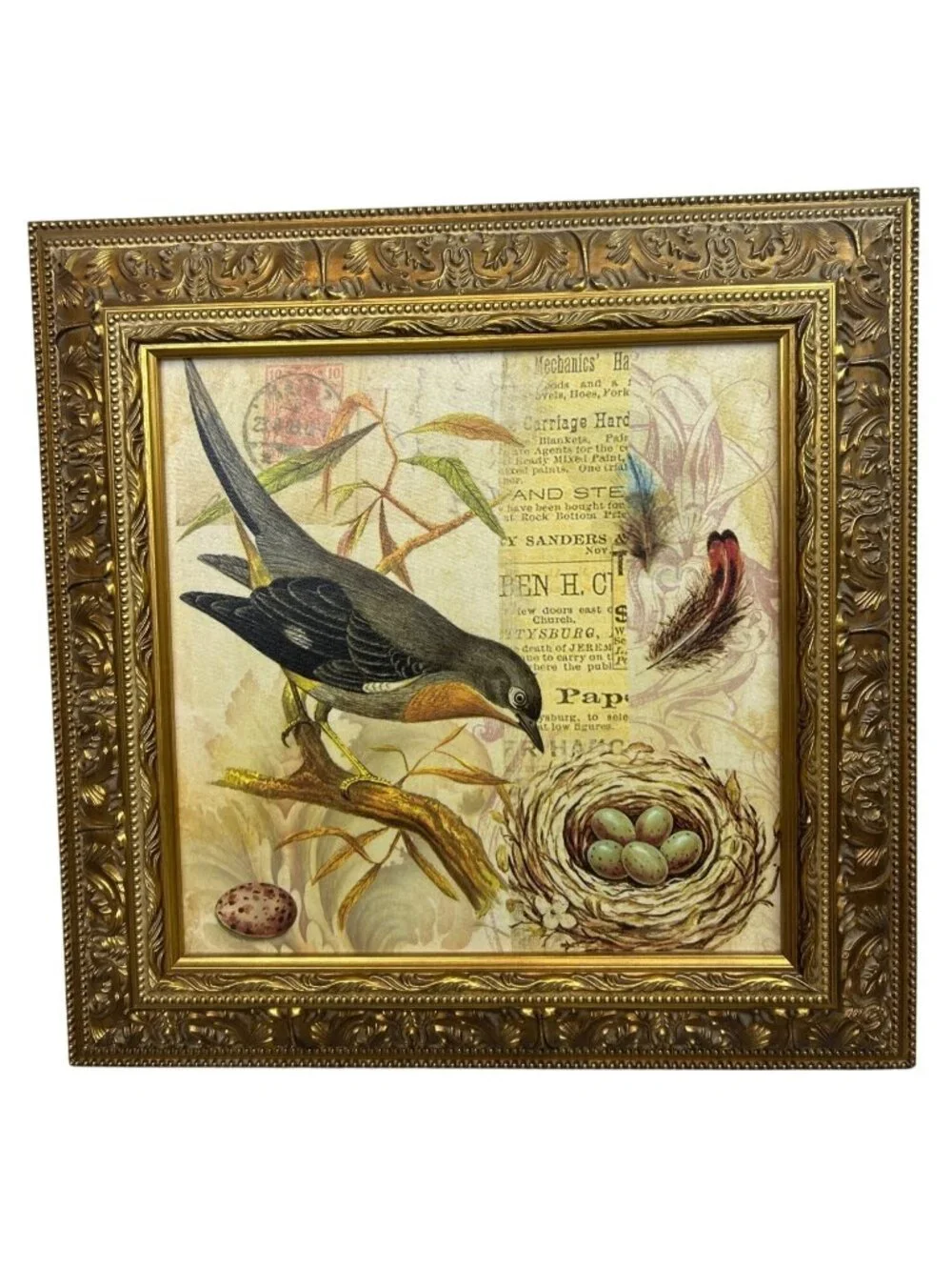 Vintage Framed Bird Nest Wall Art Ornate Gold Frame Cottage Farmhouse Decor